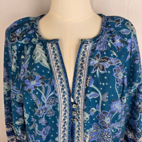 NWT! Sundance Arvilla Blue Floral Silk Cotton Blouse Small Balloon Sleeves Boho - Picture 3 of 11